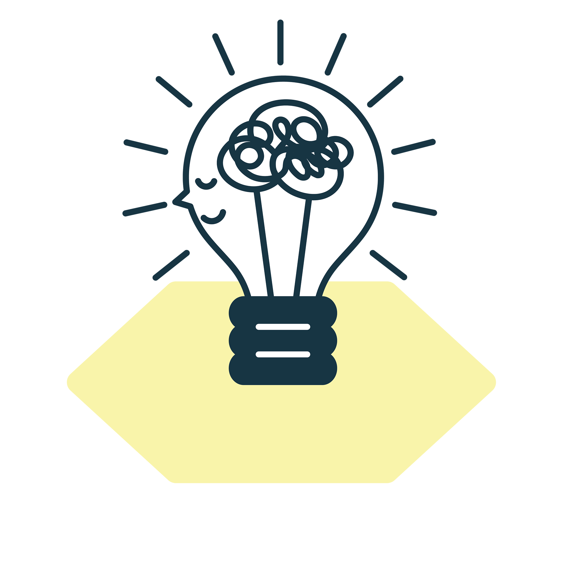 Illustration einer strahlenden Glühbirne mit zufriedenem Gesicht und verknoteten Glühdräten – Symbol für Inklusion, Vielfalt und positive Ansätze zur Neurodiversität am Arbeitsplatz