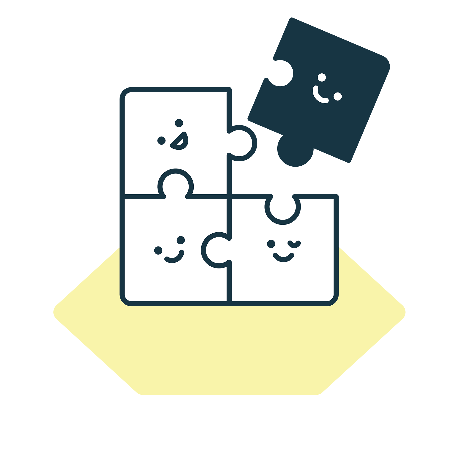 Illustration von vier lächelnden Puzzlestücken, Symbol für Unsere BEM Ausbildung – kompakt und praxisnah zum BEM-Beauftragten