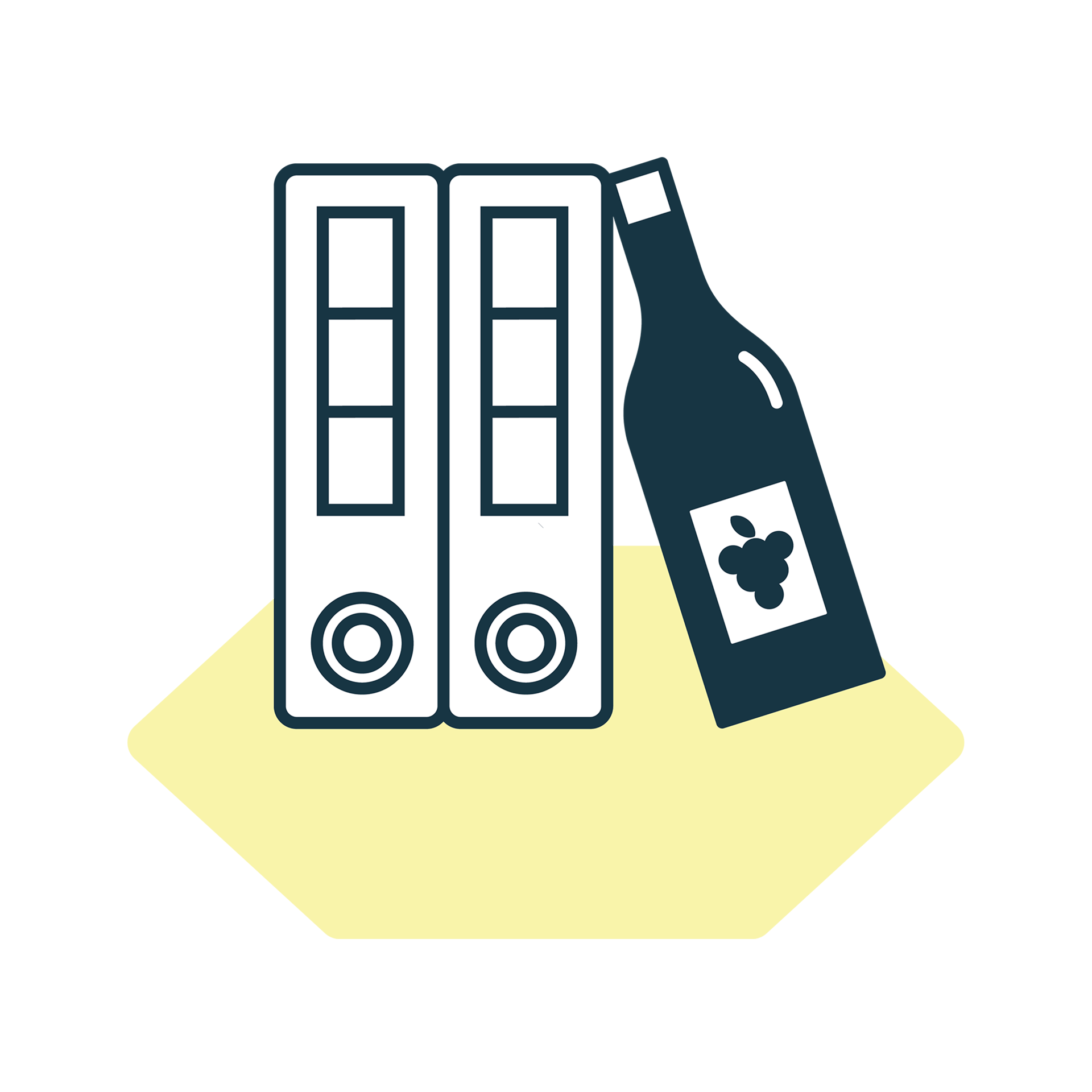Illustration von zwei Aktenordnern und an der Stelle des Dritten steht eine flasche Wein– Symbol für Prävention und Unterstützung durch eine betriebliche Suchtberater Ausbildung.
