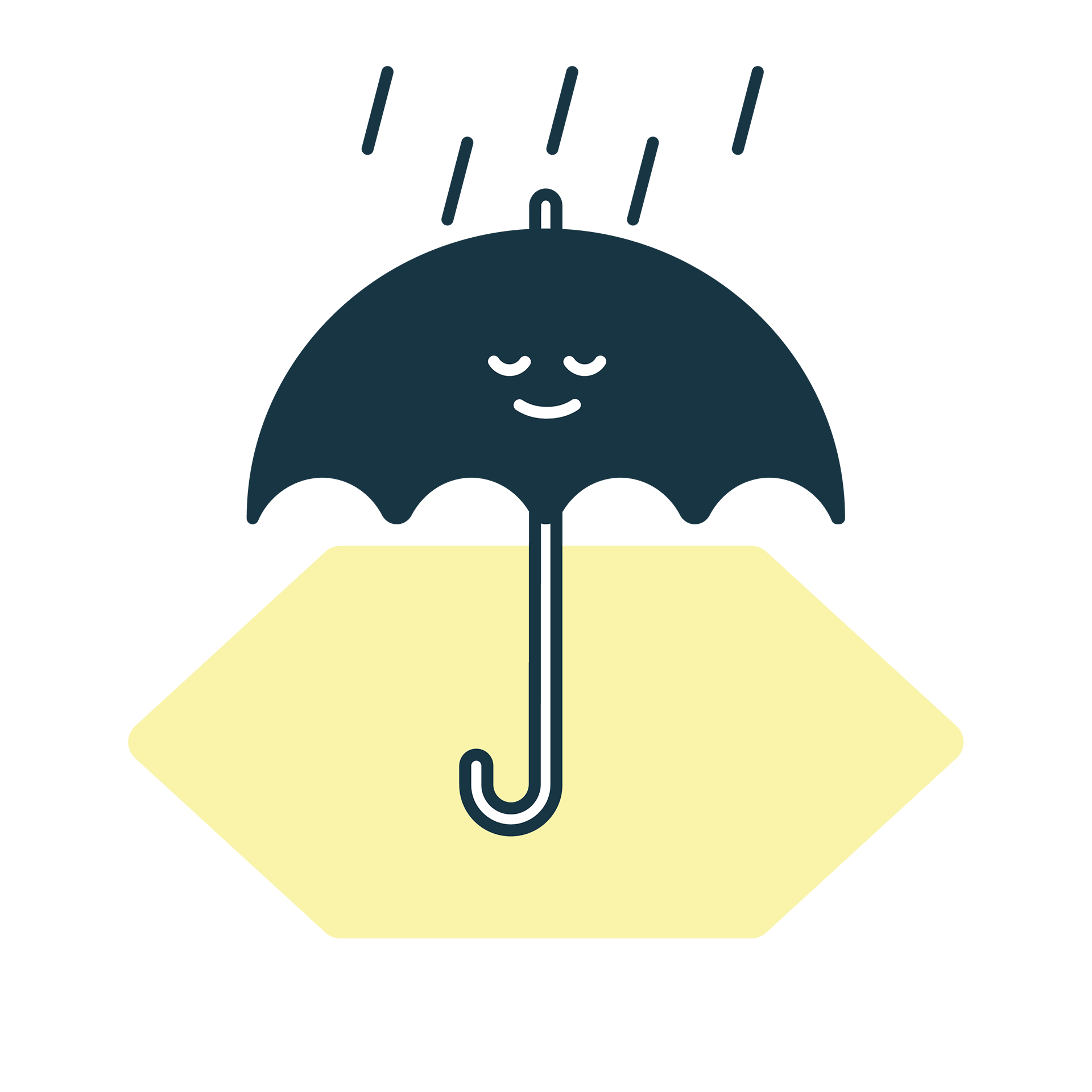 Illustration eines Schirm mit zufriedenem Gesichtsausdruck der den Regen abhält– Symbol für Unterstützung und Orientierung im Seminar zu Trauer am Arbeitsplatz.