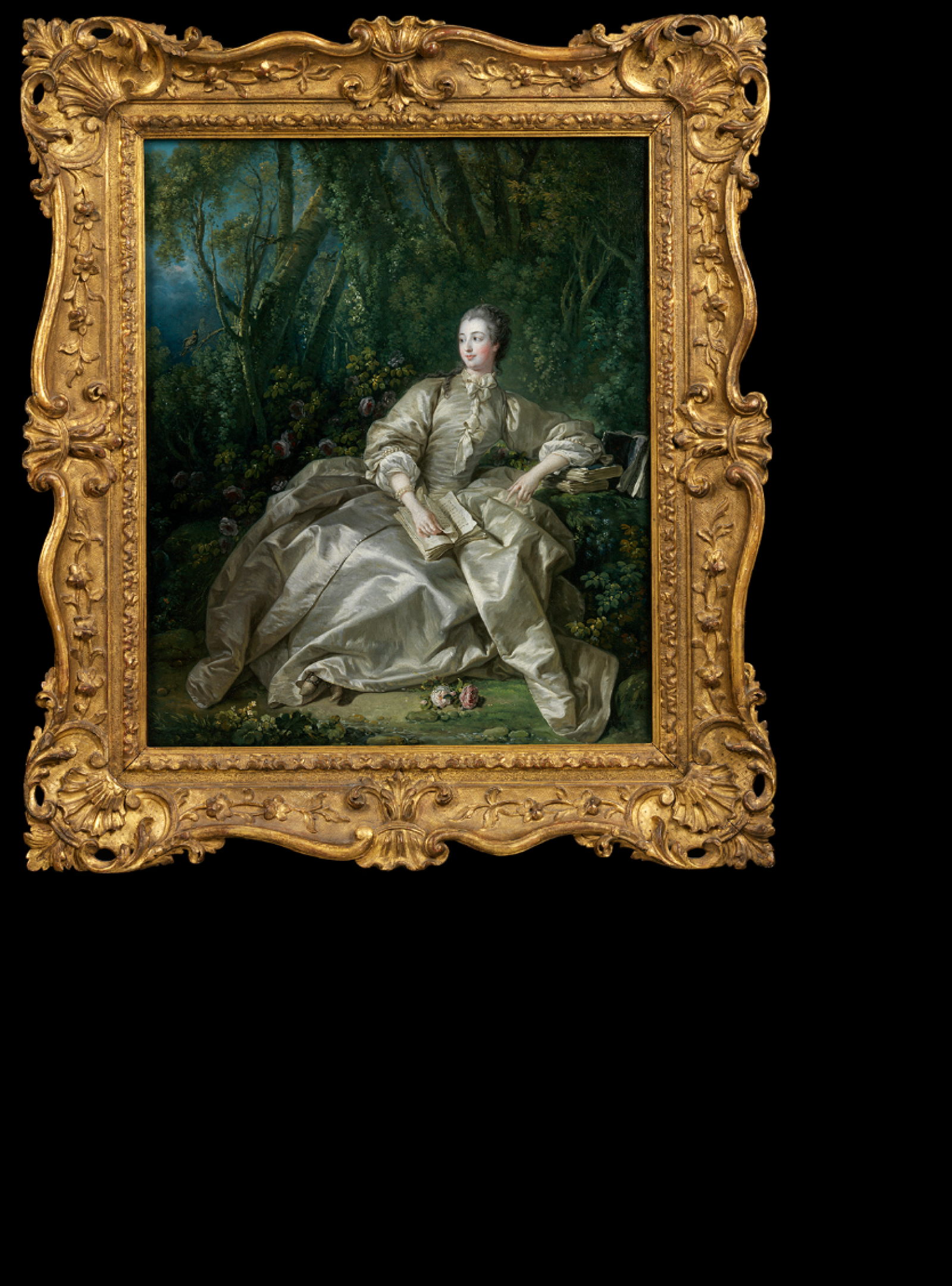 Image of a portrait of Portrait of Madame de Pompadour by Francois Boucher, in an elaborate gold frame.