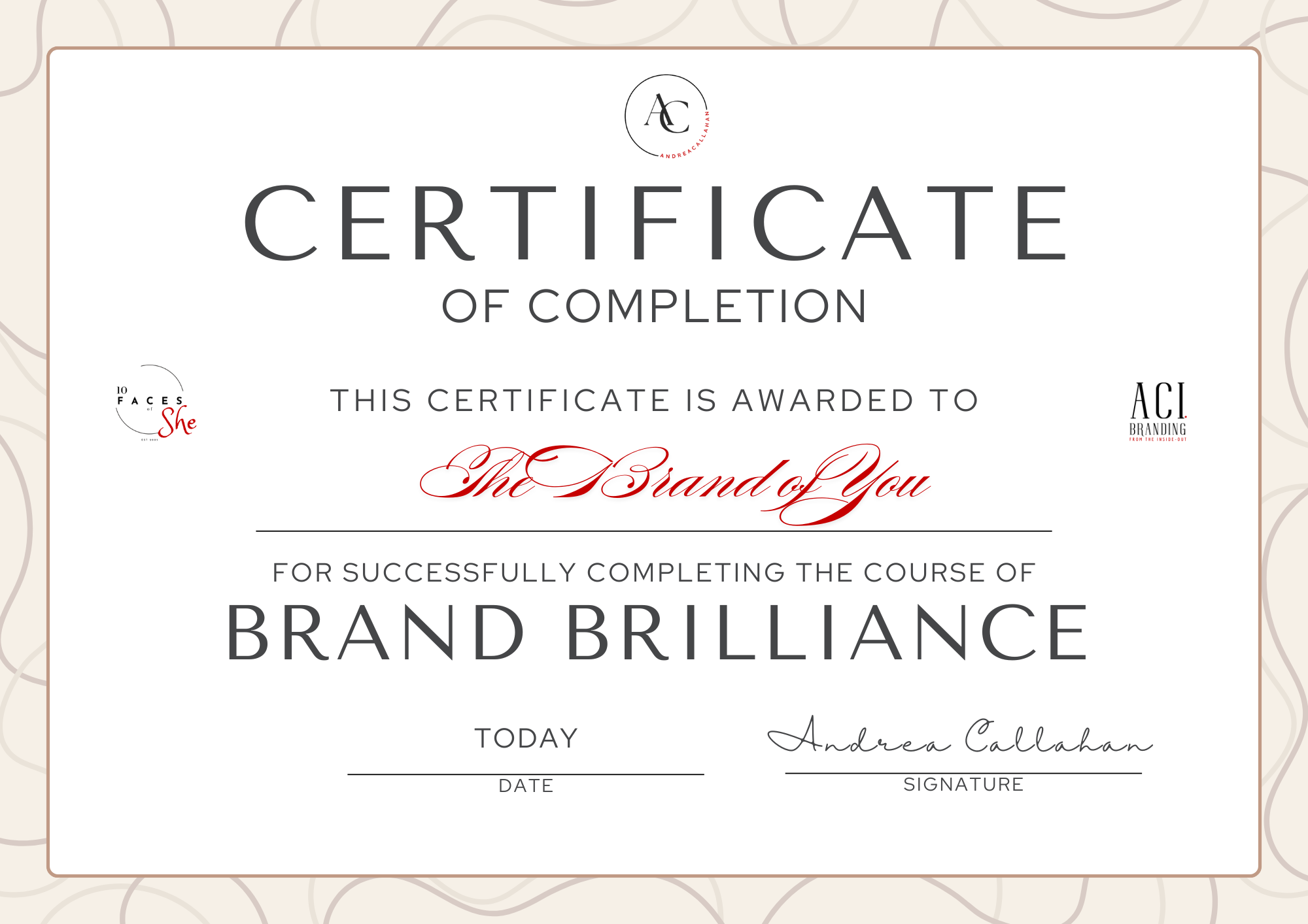 Certificate of completion with Andrea Callahan