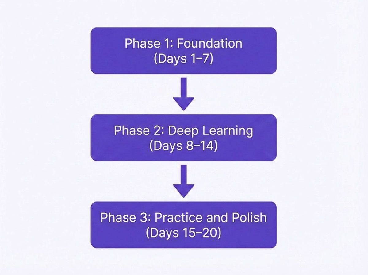 A simple flowchart infographic showing the three phases of an effective test preparation.