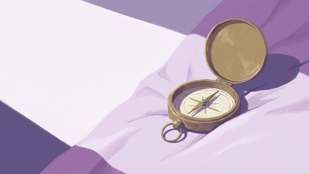 A vintage compass resting on soft purple fabric, symbolising finding your own direction