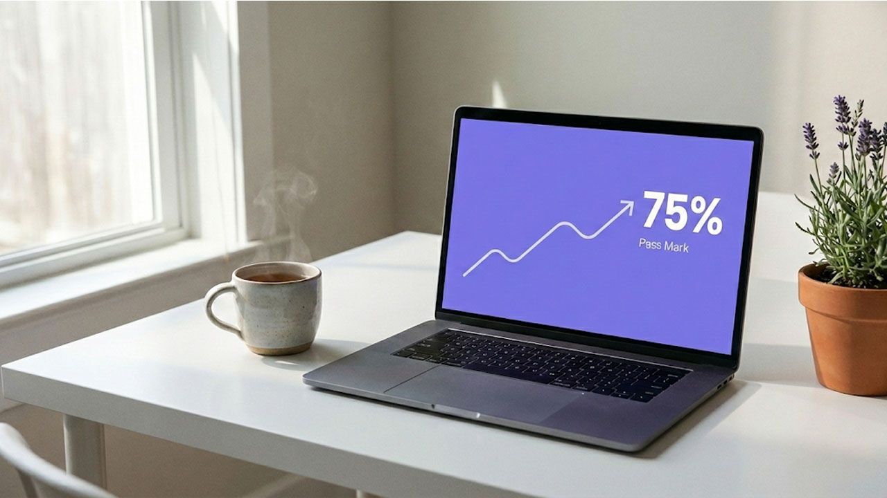 A minimalist laptop screen showing a rising graph on a soft purple background, representing the success of prepared Life in the UK test candidates.