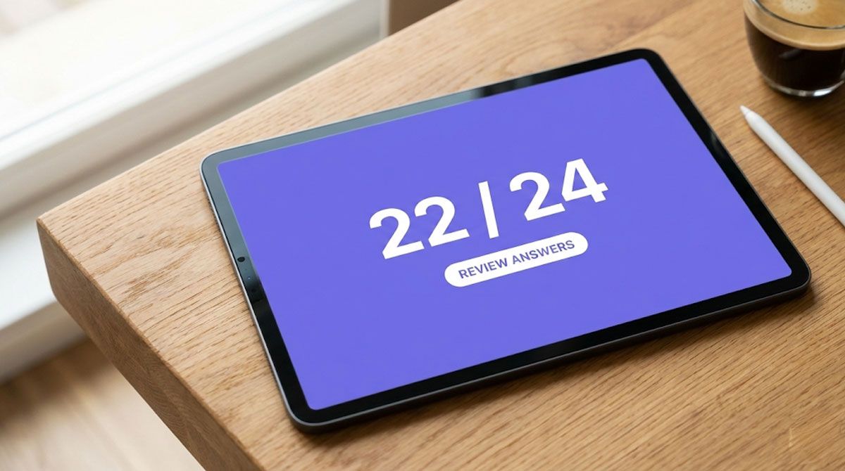 A tablet screen on a wooden desk displaying a practice test result of 22 out of 24, illustrating the "buffer zone" strategy for passing the Life in the UK test.
