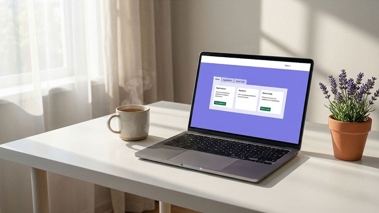 A minimalist home office desk with a laptop displaying a UKVI account dashboard, representing the calm first step of booking a Life in the UK test with an eVisa.