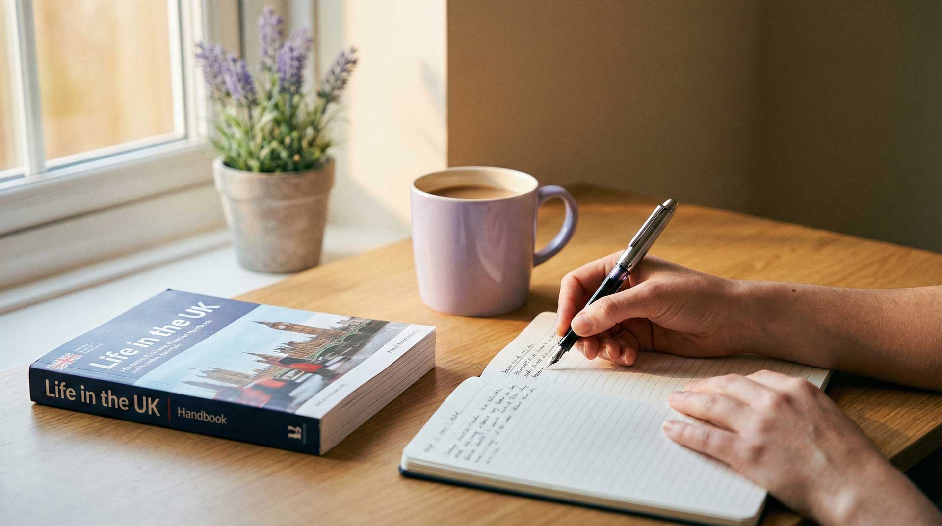Study notes for Life in the UK test on organised desk with handbook and lavender