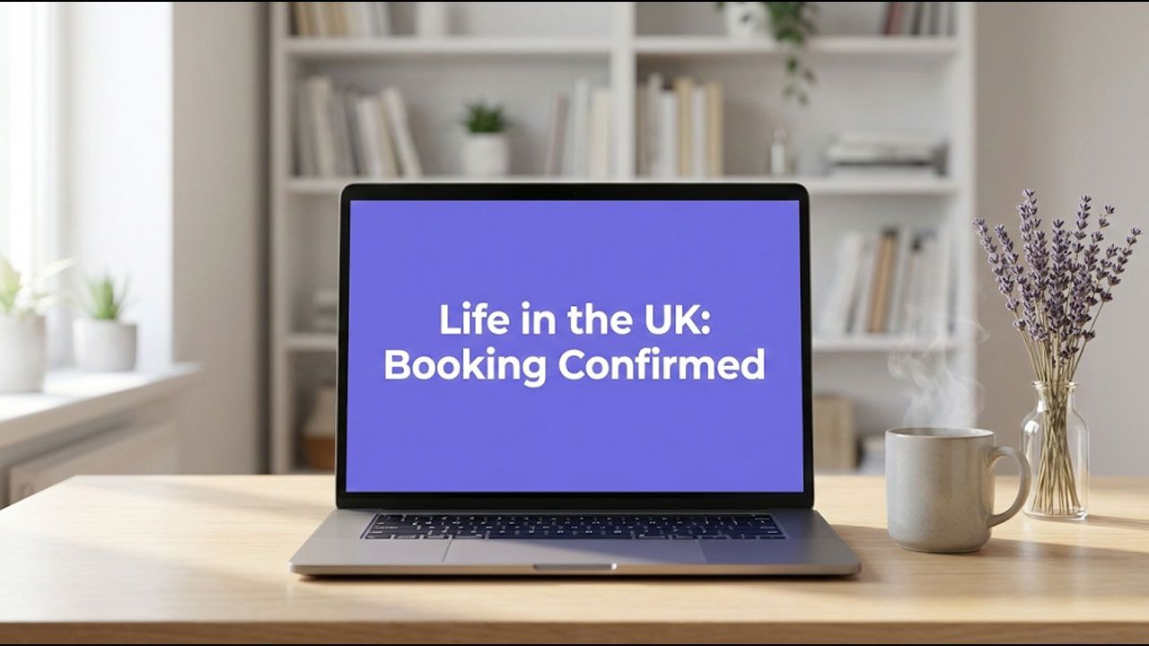 A clean desk with a laptop displaying a purple screen with "Life in the UK: Booking Confirmed" text, alongside a cup of tea, representing a stress-free test booking experience.
