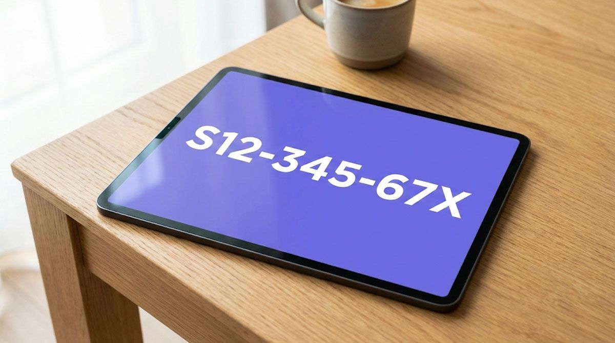 A tablet screen showing a stylized UKVI share code on a purple background, illustrating the essential digital key needed for test booking.