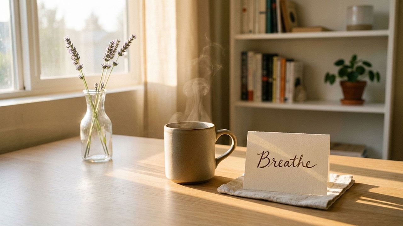 A peaceful, sunlit desk with a cup of tea and a small handwritten note that says "Breathe", representing the emotional support needed for test anxiety.