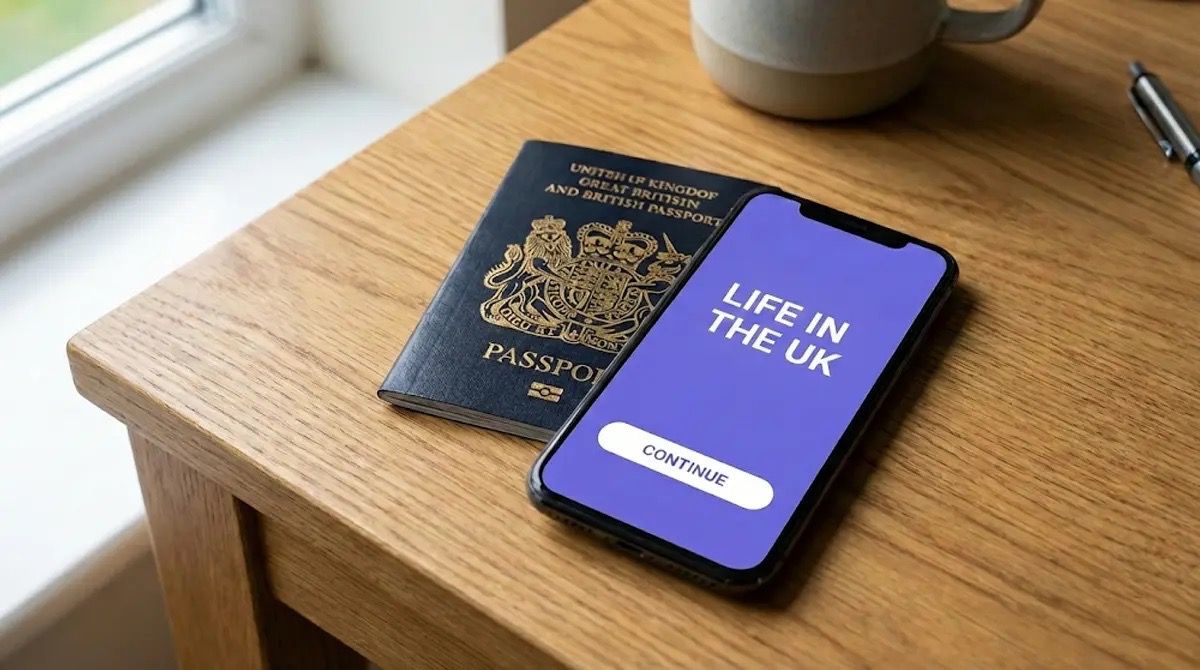 A close-up of a British passport and a smartphone displaying a "Life in the UK" interface on a branded purple screen, symbolising readiness for the test centre requirements.