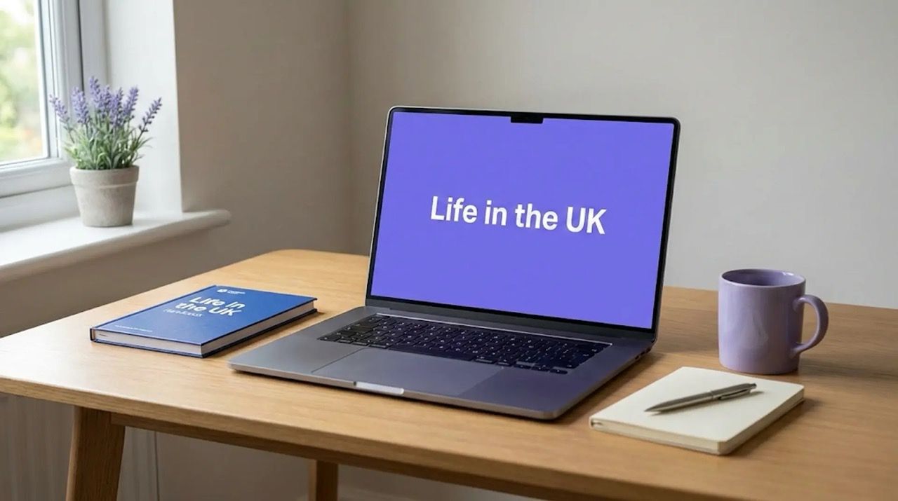 A minimalist study desk with a laptop showing "Life in the UK" on a calm purple screen, a study handbook, and a cup of tea, representing calm preparation for the Life in the UK test.