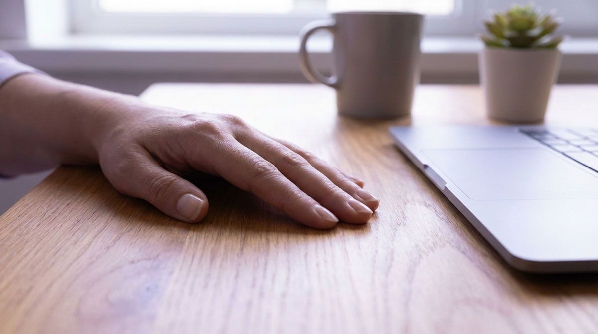 A close-up of a person's hand resting calmly on a wooden desk next to a laptop, illustrating a physical grounding technique to manage test-day nerves.