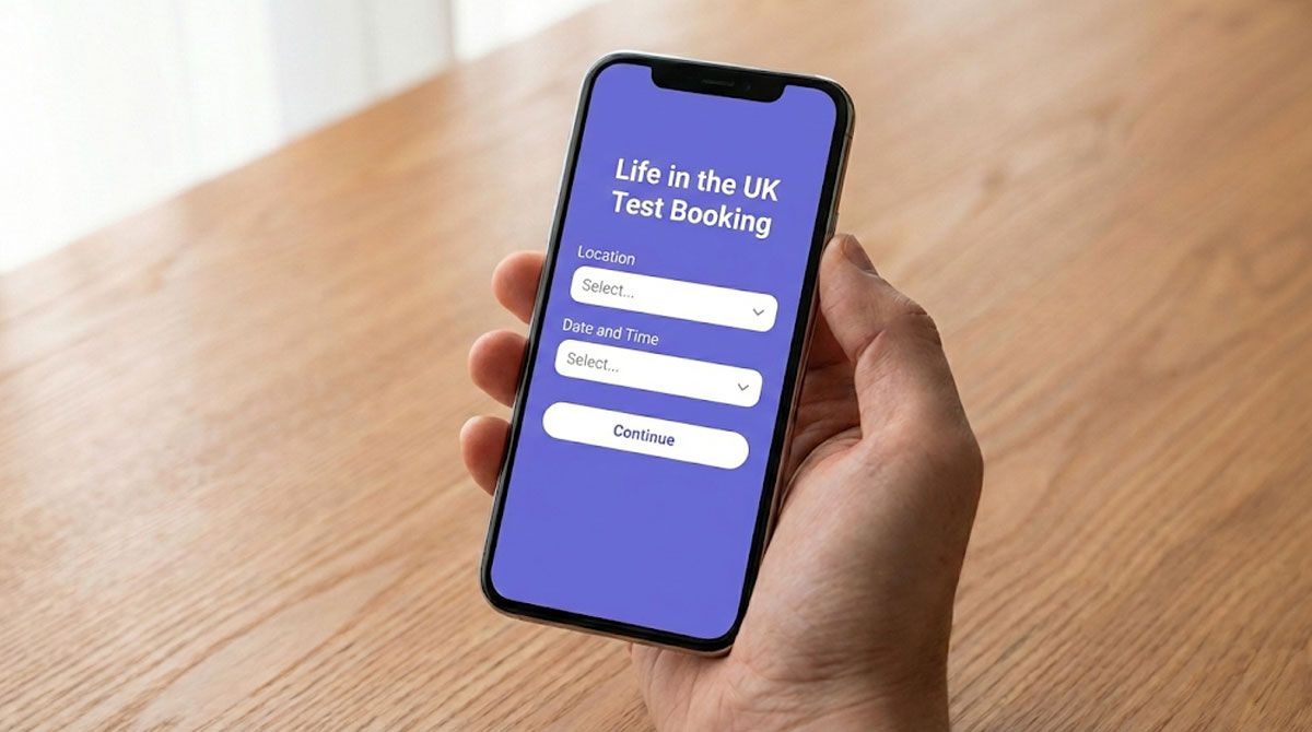 A close-up of a smartphone displaying a "Your Digital Status" screen with a sample Life in the UK Test booking screen on a purple background.