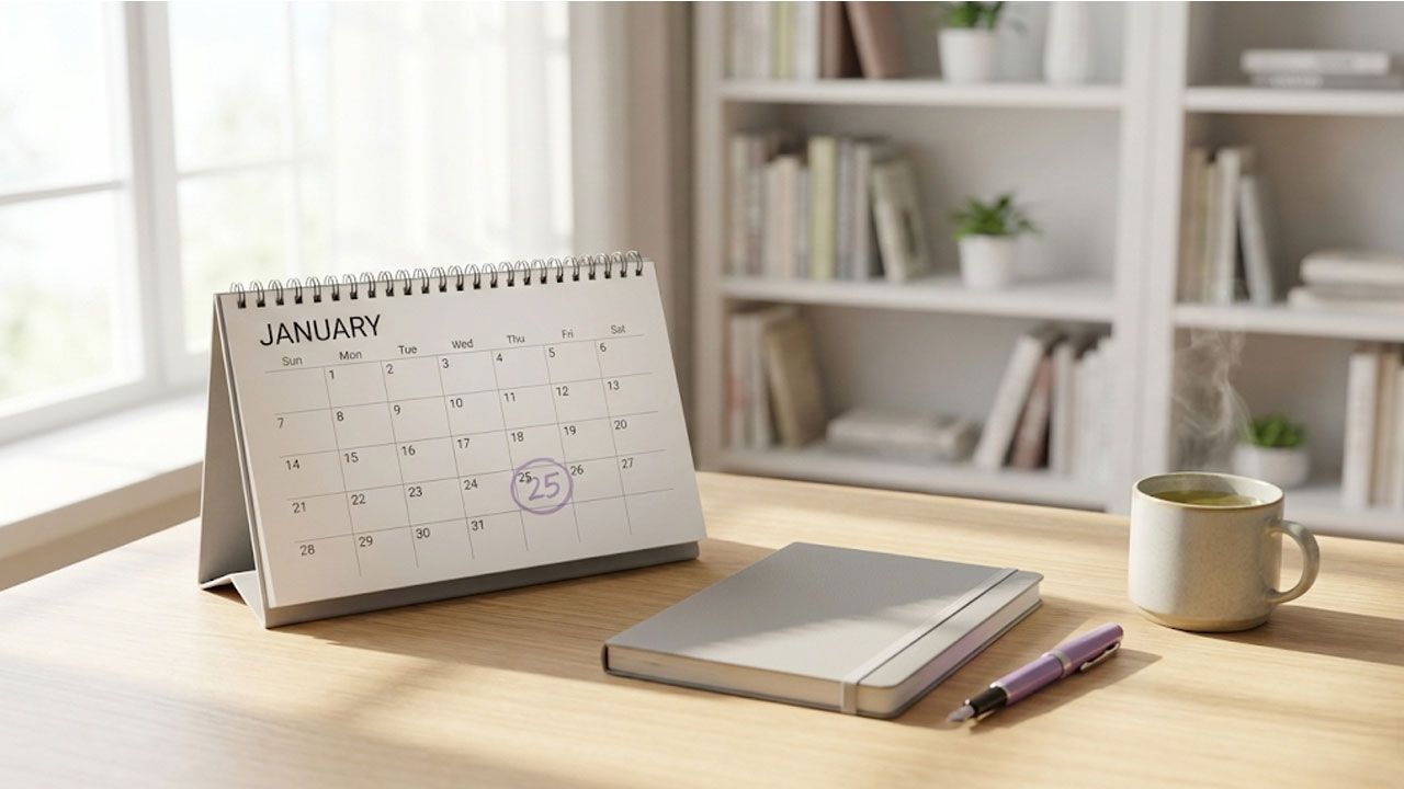 A desk calendar with a date circled in purple, alongside a study planner and tea, representing a calm and planned approach to booking a Life in the UK test date.