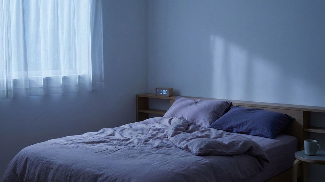 A peaceful bedroom scene at 3am with soft moonlight, representing the quiet moment of nighttime wakefulness