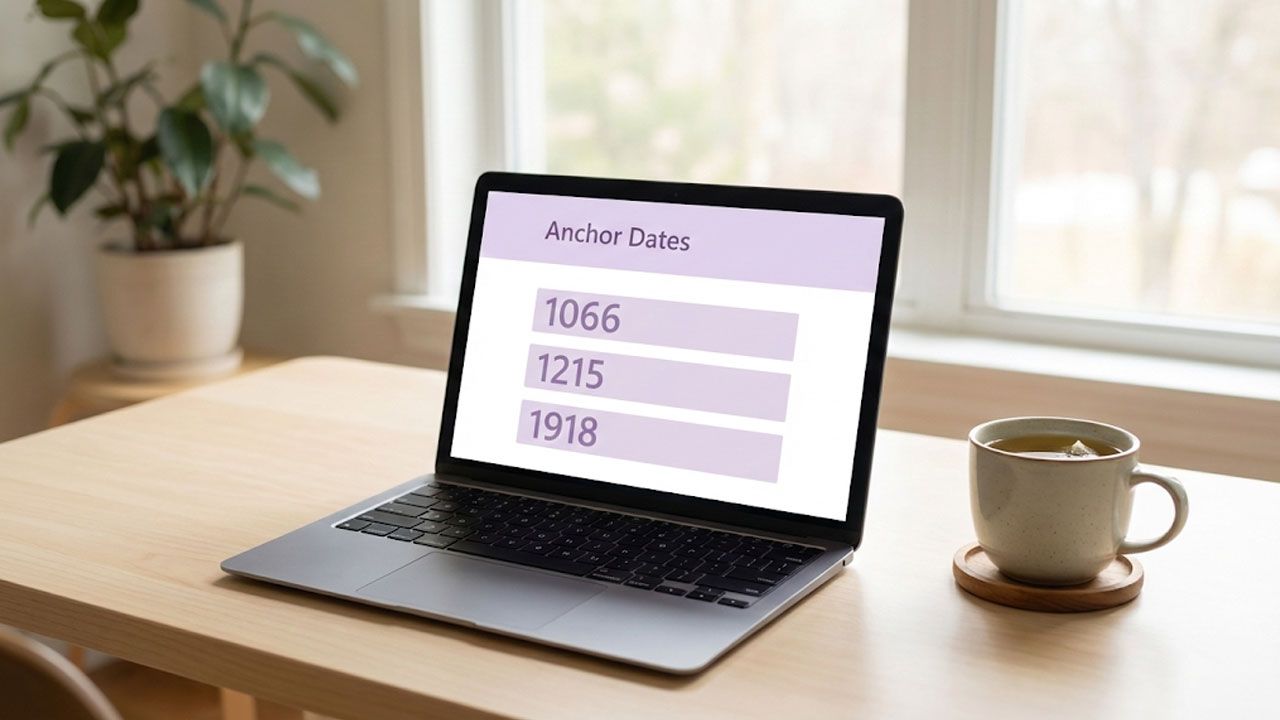 A professional, sunlit desk with a laptop displaying a list of "Anchor Dates" for the Life in the UK test, representing a strategic approach to history questions.