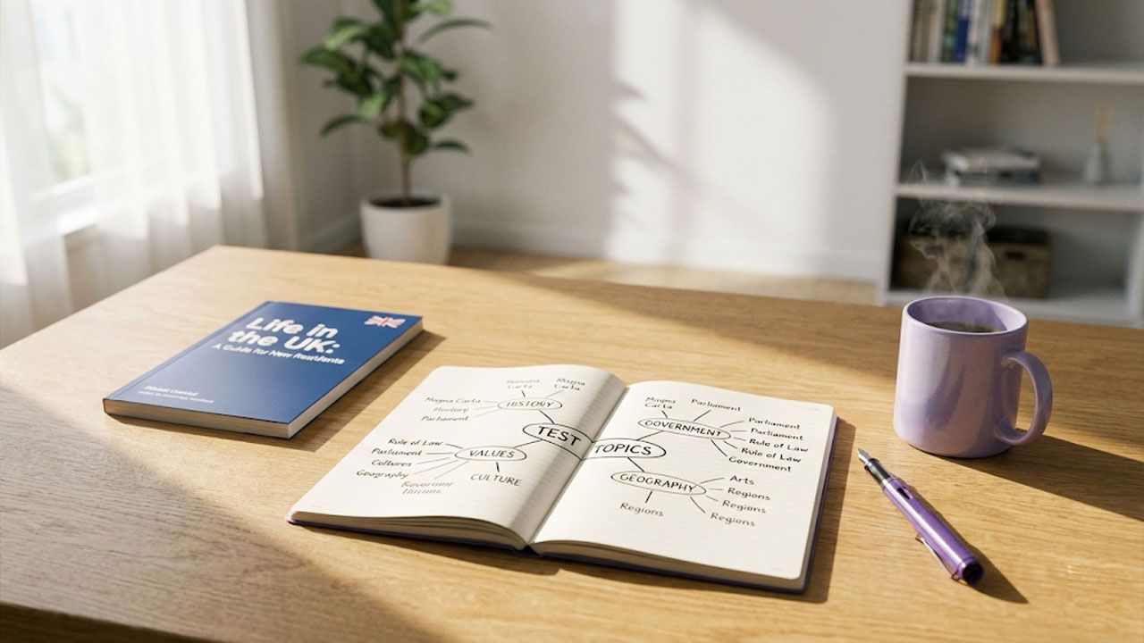 A minimalist study desk with a hand-drawn mind map of Life in the UK test topics, the official handbook, and a cup of tea, illustrating organized test preparation.