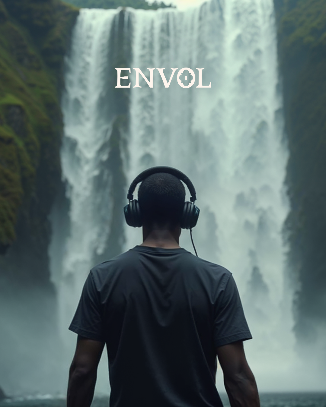 A man standing in front of a waterfall, listening to the Envol app on his headphones.