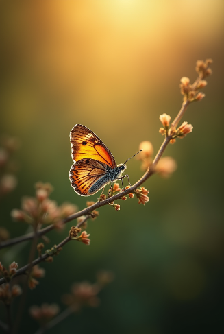 A close-up of an orange and black butterfly perched on a delicate flowering branch, softly lit by warm golden sunlight with a blurred green and yellow background.