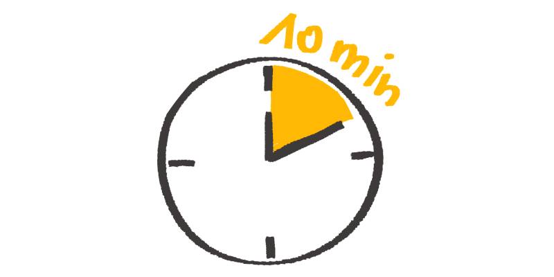 Clock illustration with a 10-minute segment highlighted, emphasizing a recommended 10-minute focused study window.