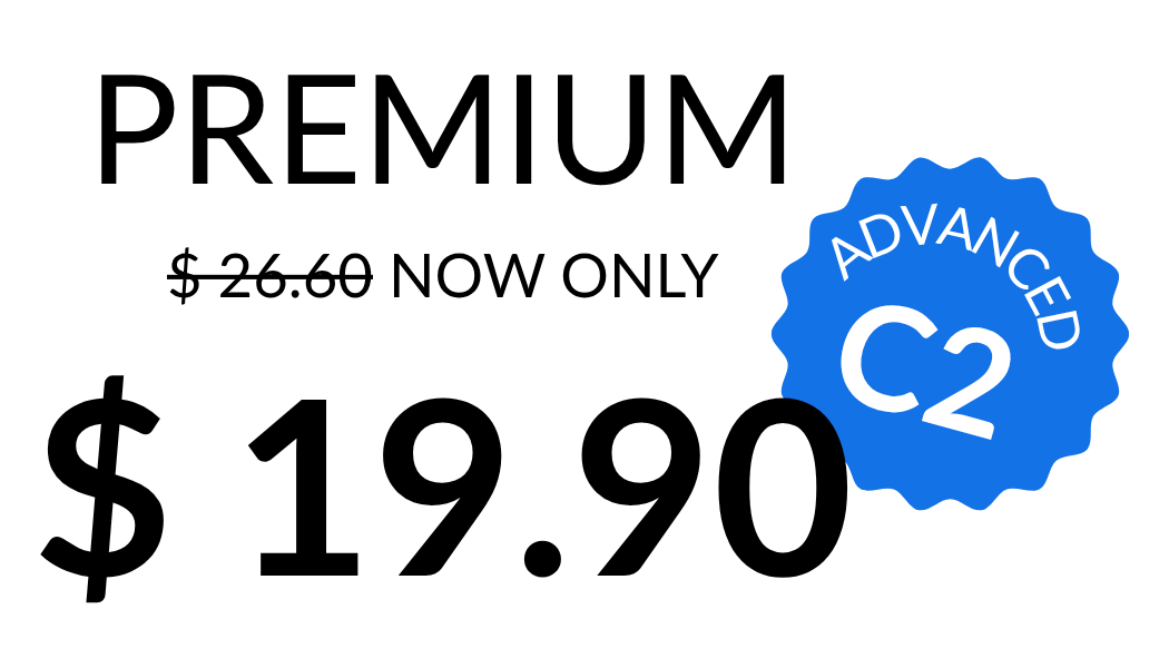 Banner for our Spanish course with the text “Premium – advanced C2” promoting a monthly Spanish premium course.