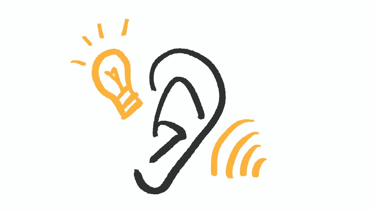 Drawing of an ear with a lightbulb and sound waves, symbolizing listening, audio-based learning, and new language insights.