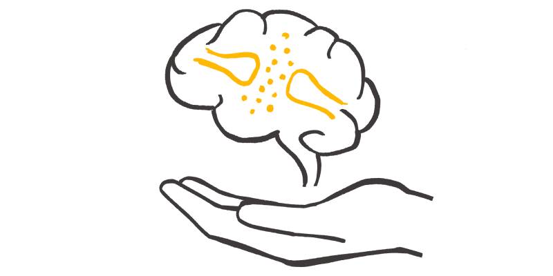 Drawing of a hand holding a floating brain with two connecting synapses, symbolizing brain-friendly learning and building new language connections.