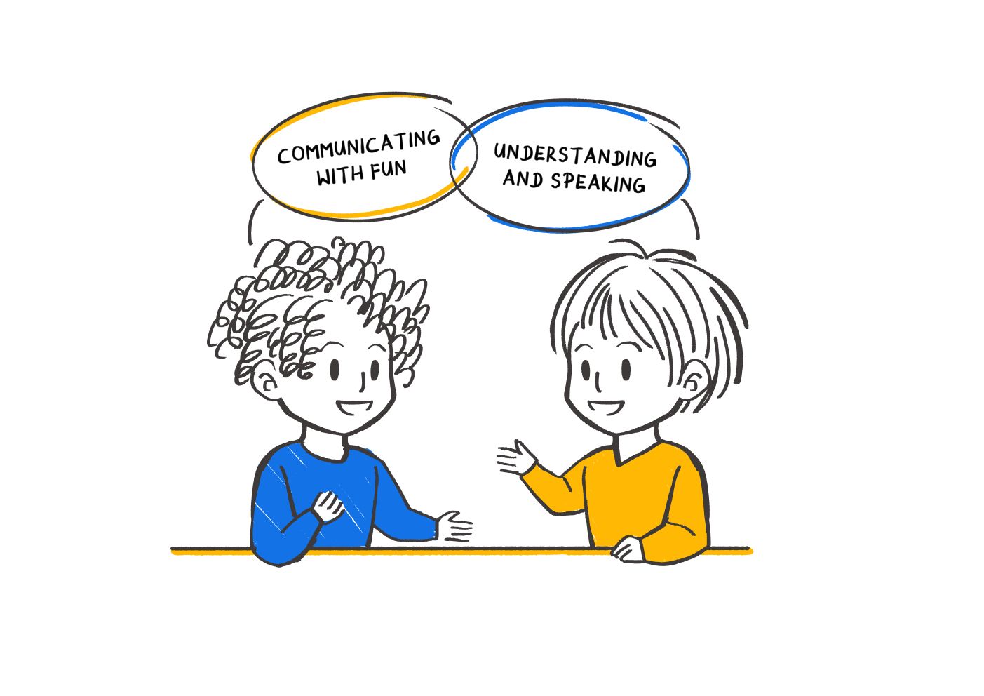 Illustration of two people highlighting ‘communicating with fun’ and ‘understanding and speaking’ in brain-friendly language learning.