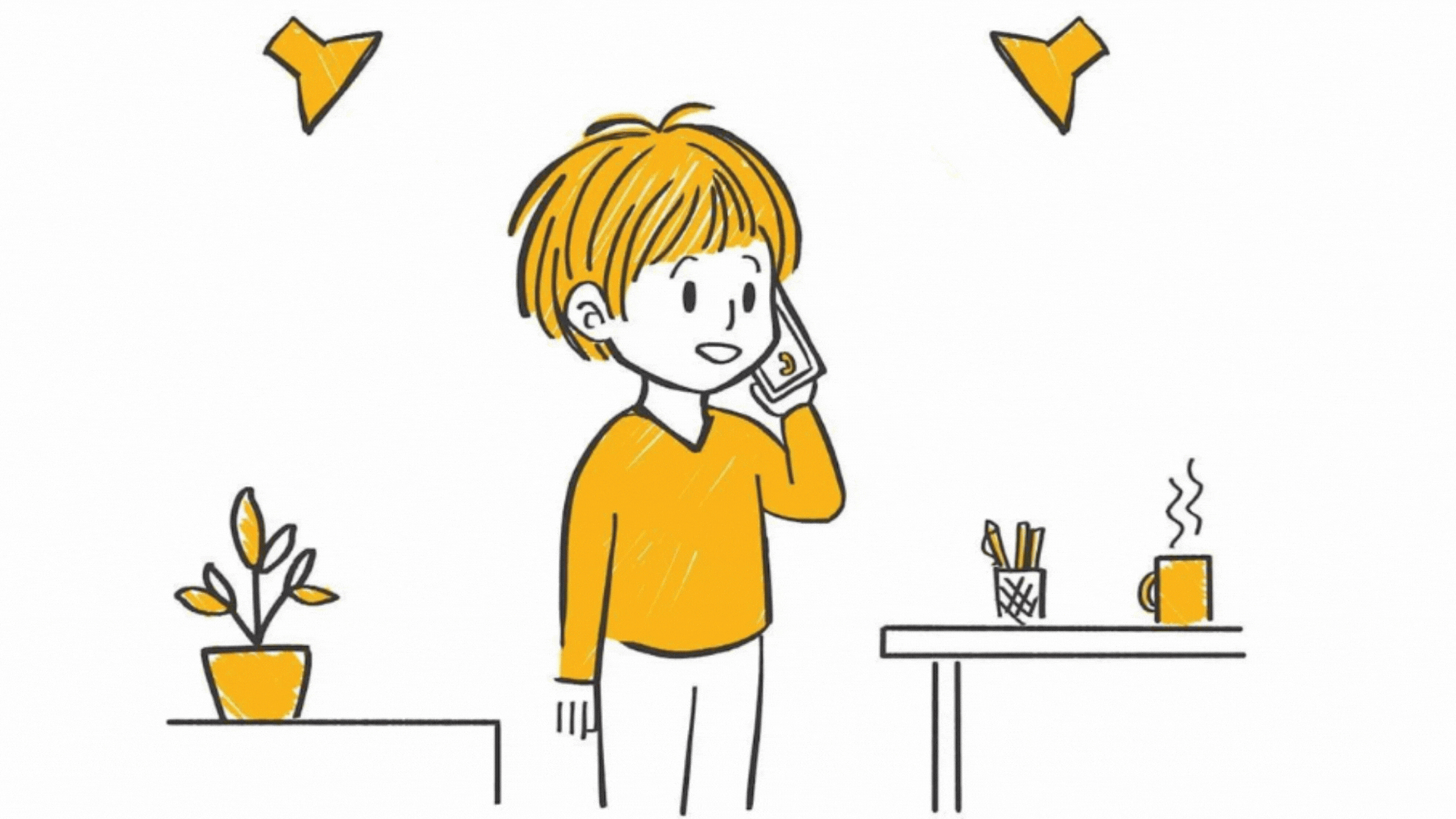 Character talking on the phone while language audio plays in the room, demonstrating how the Brain-Friendly method enables passive language learning.