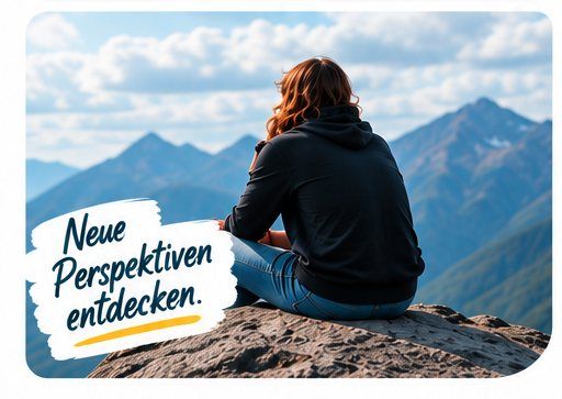 Junge Person sitzt auf einem Felsen und blickt auf eine Berglandschaft. Im Bild steht „Neue Perspektiven entdecken.“