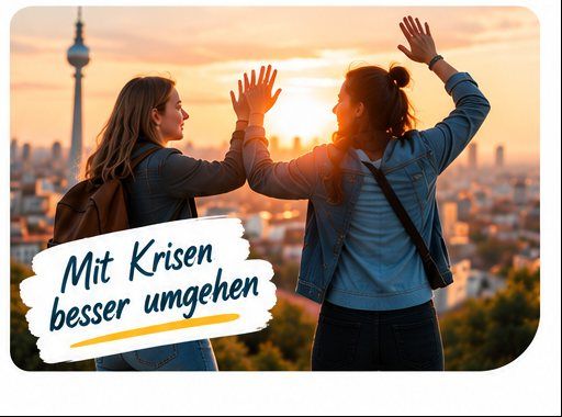 Zwei junge Menschen geben sich bei Sonnenuntergang vor einer Stadtkulisse ein High Five. Im Bild steht „Mit Krisen besser umgehen.“