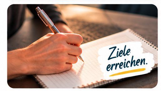 Eine Hand schreibt mit einem Stift in ein Notizbuch. Im Bild steht „Ziele erreichen.“