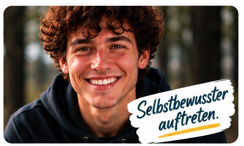 Lächelnder junger Mann blickt in die Kamera. Im Bild steht „Selbstbewusster auftreten.“