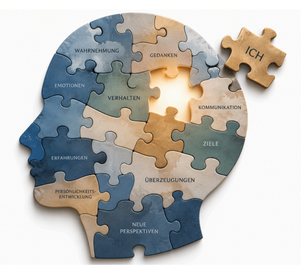 Ein Kopf aus Puzzleteilen mit Begriffen wie Gedanken und Emotionen, bei dem das Teil „ICH“ herausschwebt