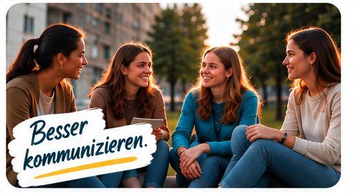Vier Frauen sitzen zusammen und unterhalten sich. Im Bild steht „Besser kommunizieren.“