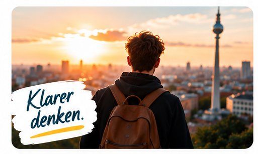 Junger Mann mit Rucksack blickt bei Sonnenuntergang über Berlin. Im Bild steht „Klarer denken.“