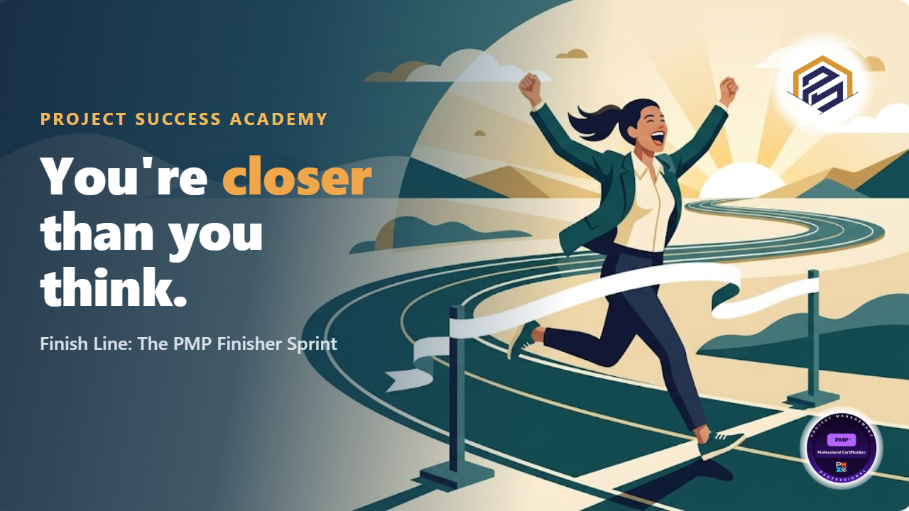 Illustration: a runner joyfully breaking the finish-line ribbon at sunrise, with the official PMP certification badge