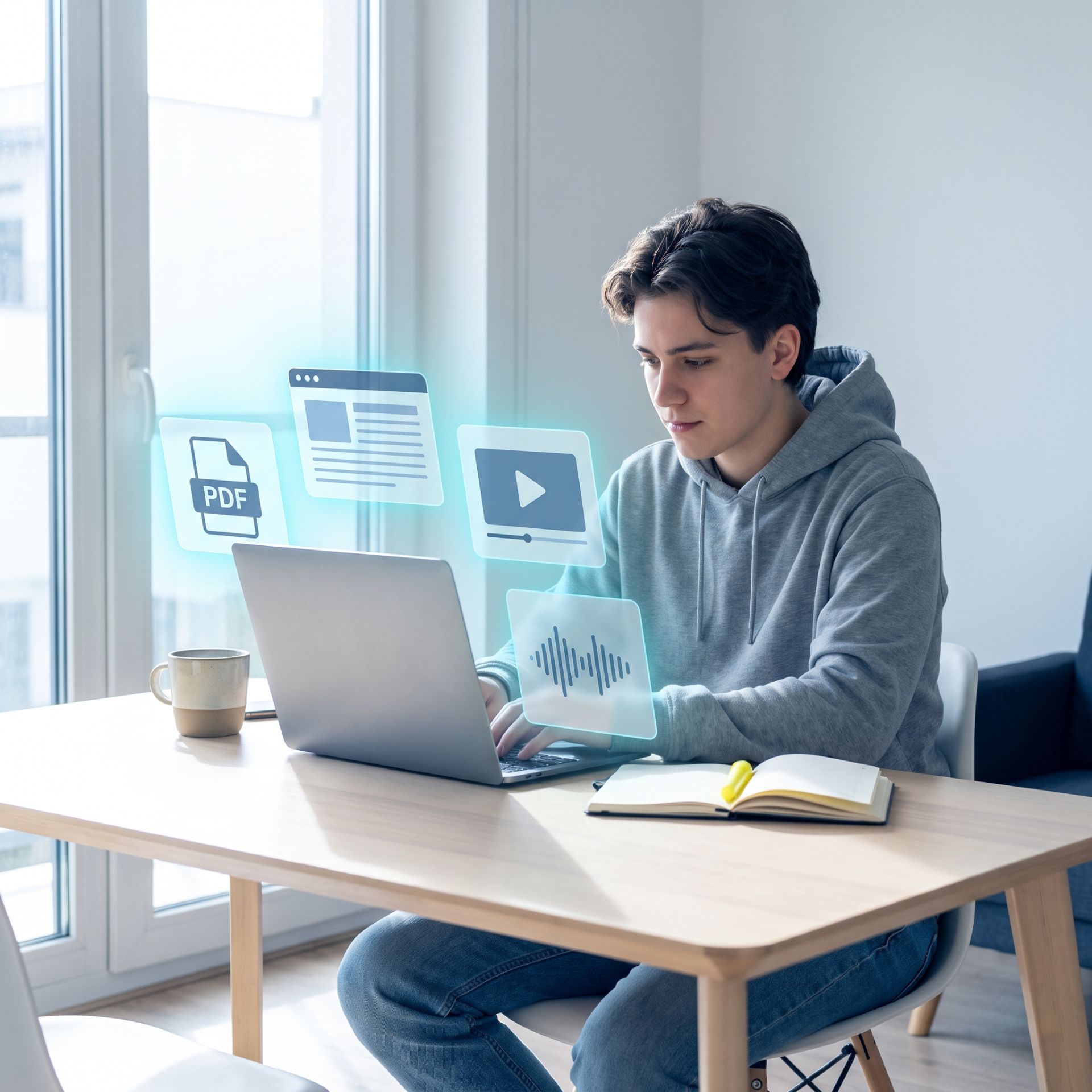 Estudiante organizando fuentes académicas en una computadora portátil