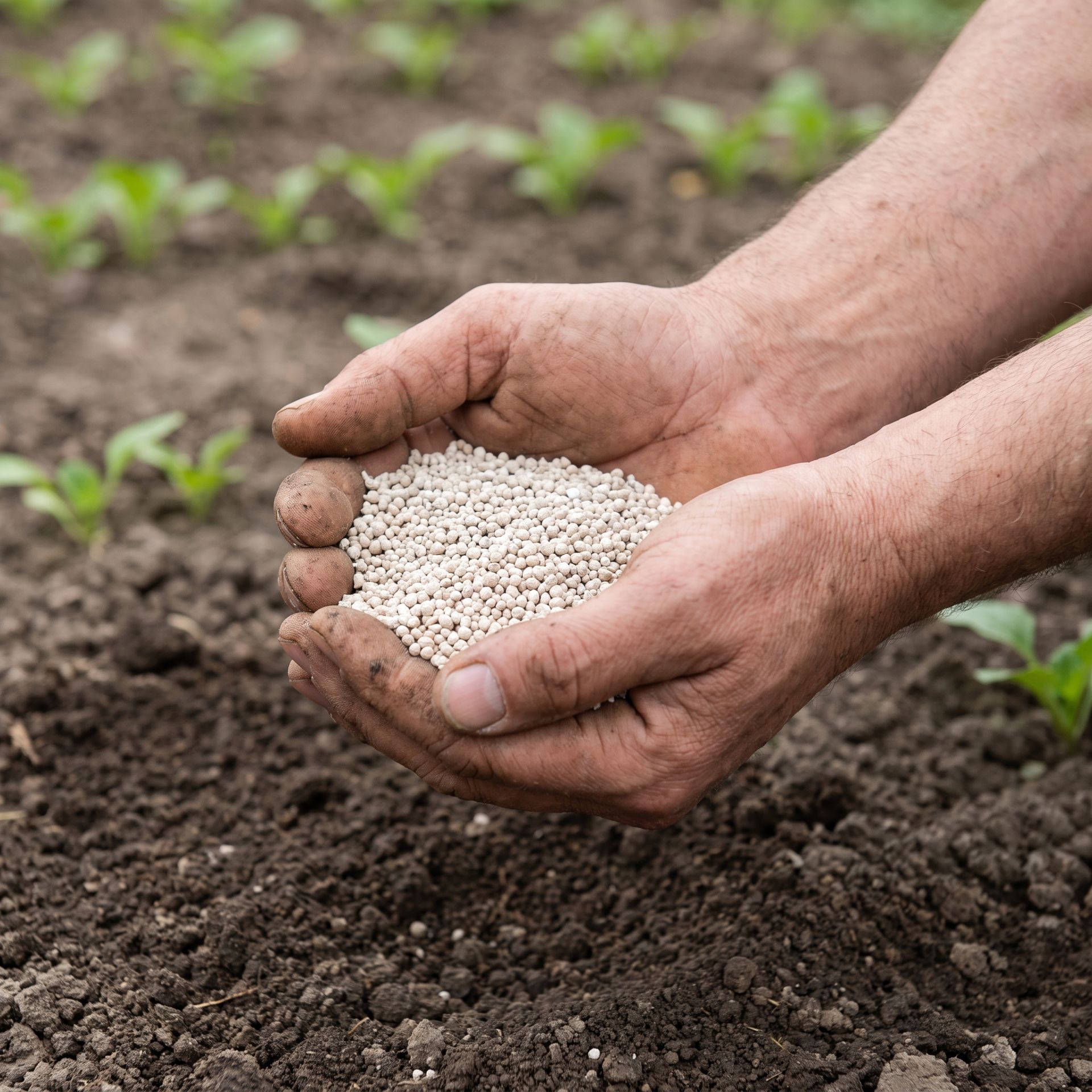 Manos sosteniendo fertilizante granulado sobre tierra de cultivo