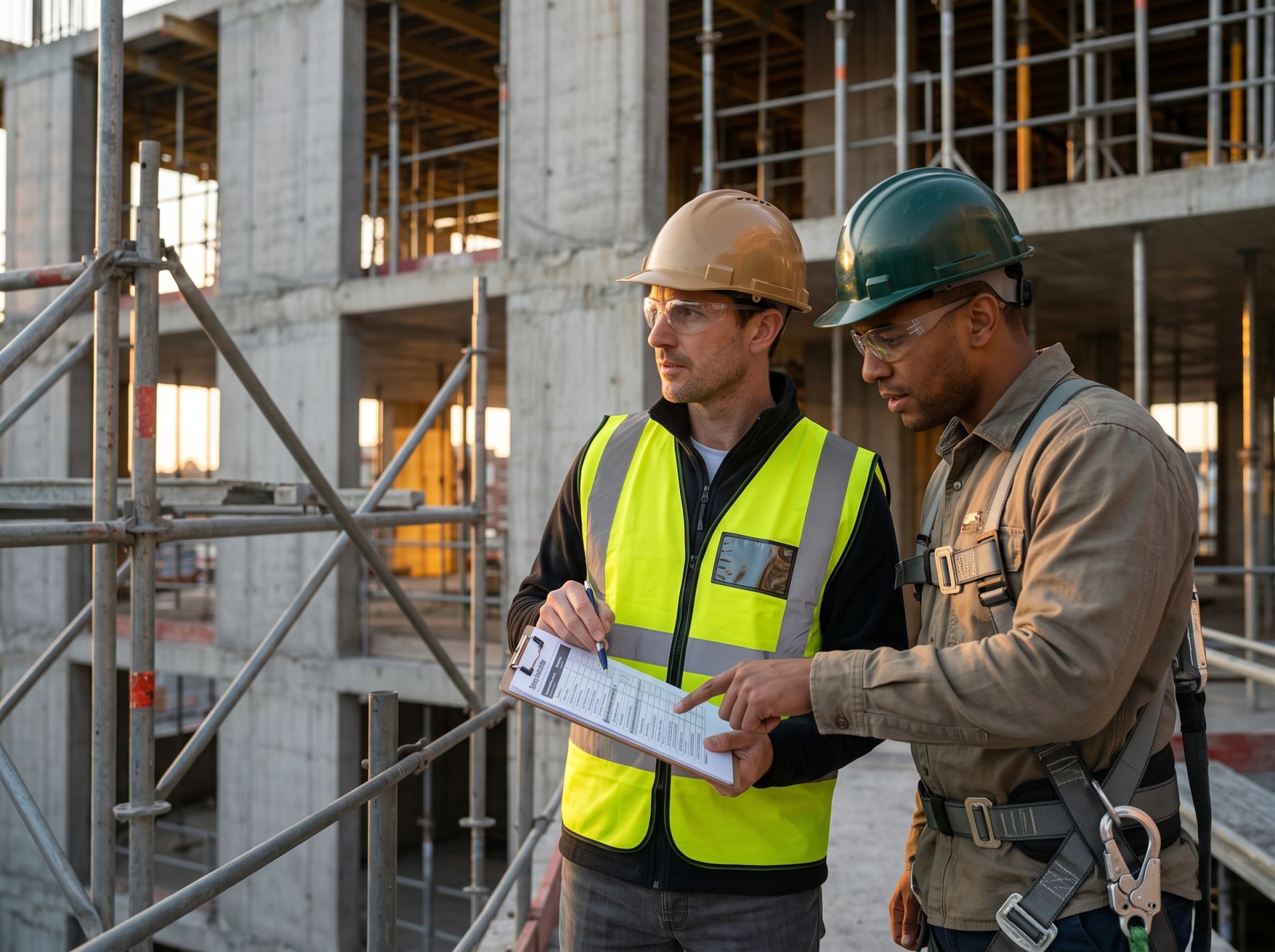 Profesional de la construcción supervisando condiciones de seguridad en obra