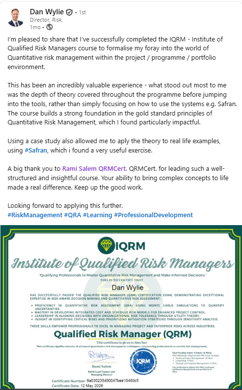 Graduate LinkedIn post announcing IQRM course completion, Director of Risk