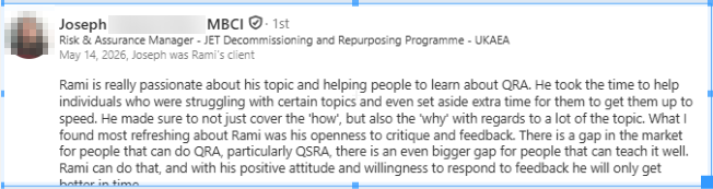 Graduate LinkedIn recommendation for IQRM QSRA training, UKAEA
