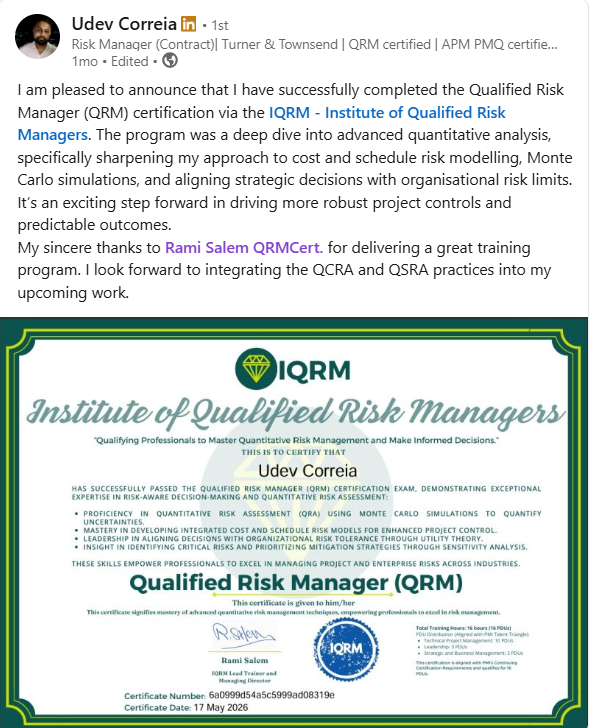 Graduate LinkedIn post announcing Qualified Risk Manager certification, Risk Manager at Turner and Townsend