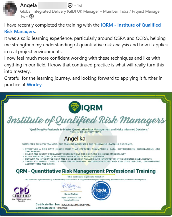 Graduate LinkedIn testimonial, Project Manager at Worley
