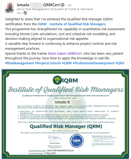 Graduate LinkedIn testimonial, Senior Risk Management Consultant at Turner and Townsend