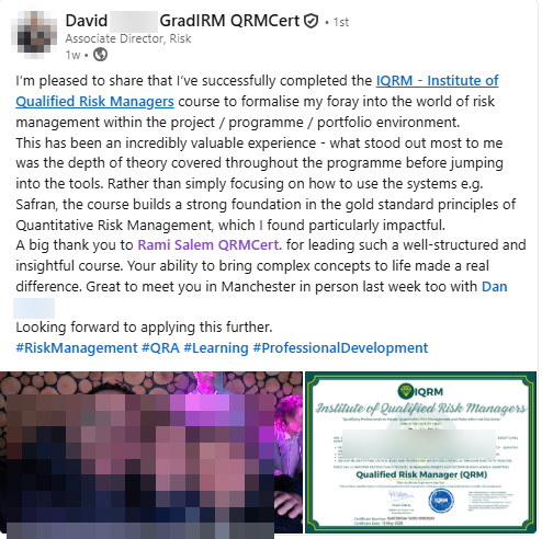 Graduate LinkedIn testimonial, Associate Director, Risk
