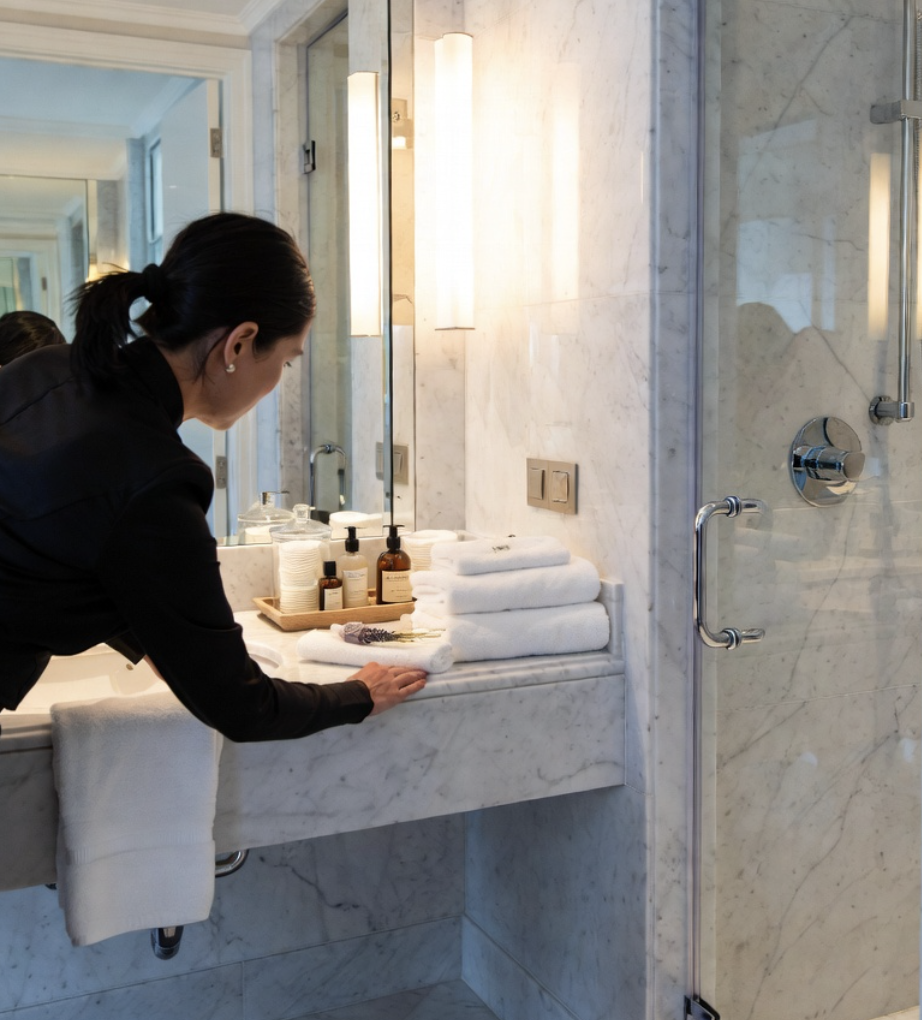 A housekeeping team member preparing a bathroom