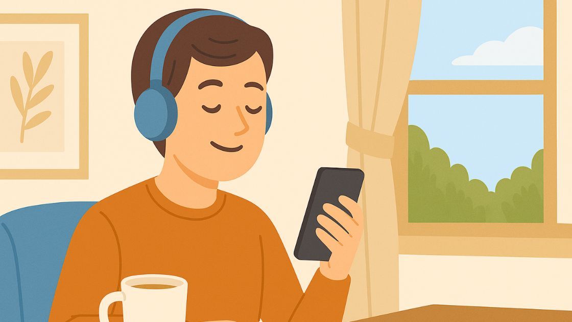Illustration of a person learning with a smile while holding a cup of tea and watching a language lesson on their phone, with ‘3 Minute Language’ visible on a card.”